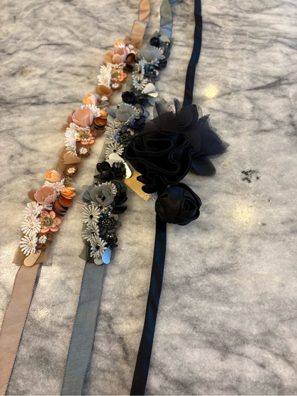 J. Crew Floral Appliqué Ribbon Belts in Black, Gray, and Tan